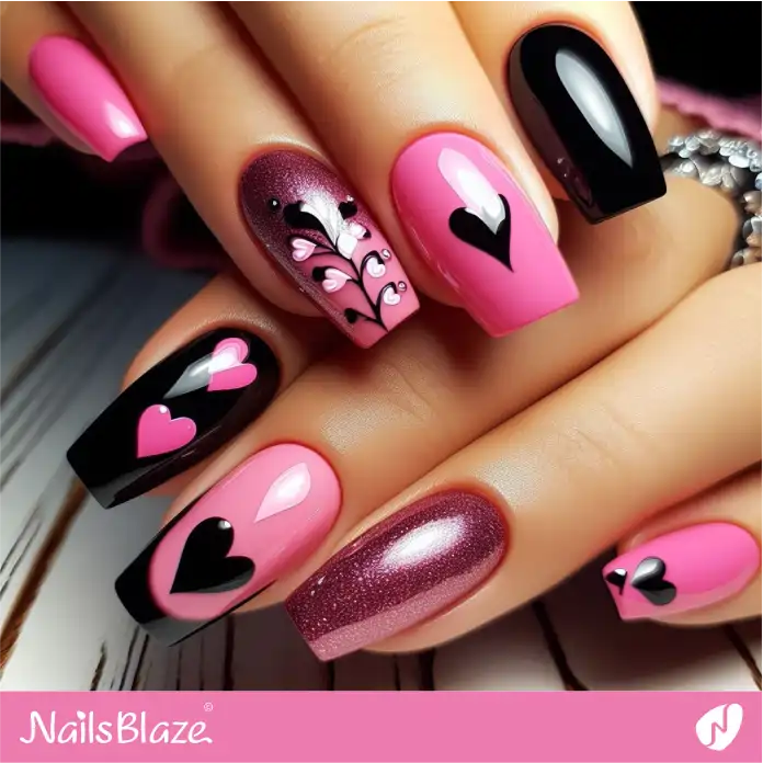 Black and Pink Heart Nails | Valentine Nails - NB2642